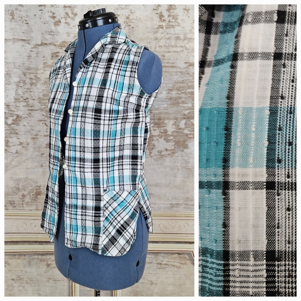Vintage 1960s Seersucker Blouse XS Swiss Dot Blue Teal Black Rockabilly Plaid